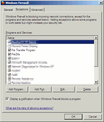 Windows Firewall "Exceptions" tab.