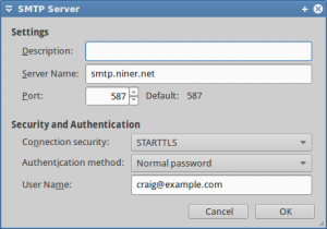 Thunderbird SMTP server settings.